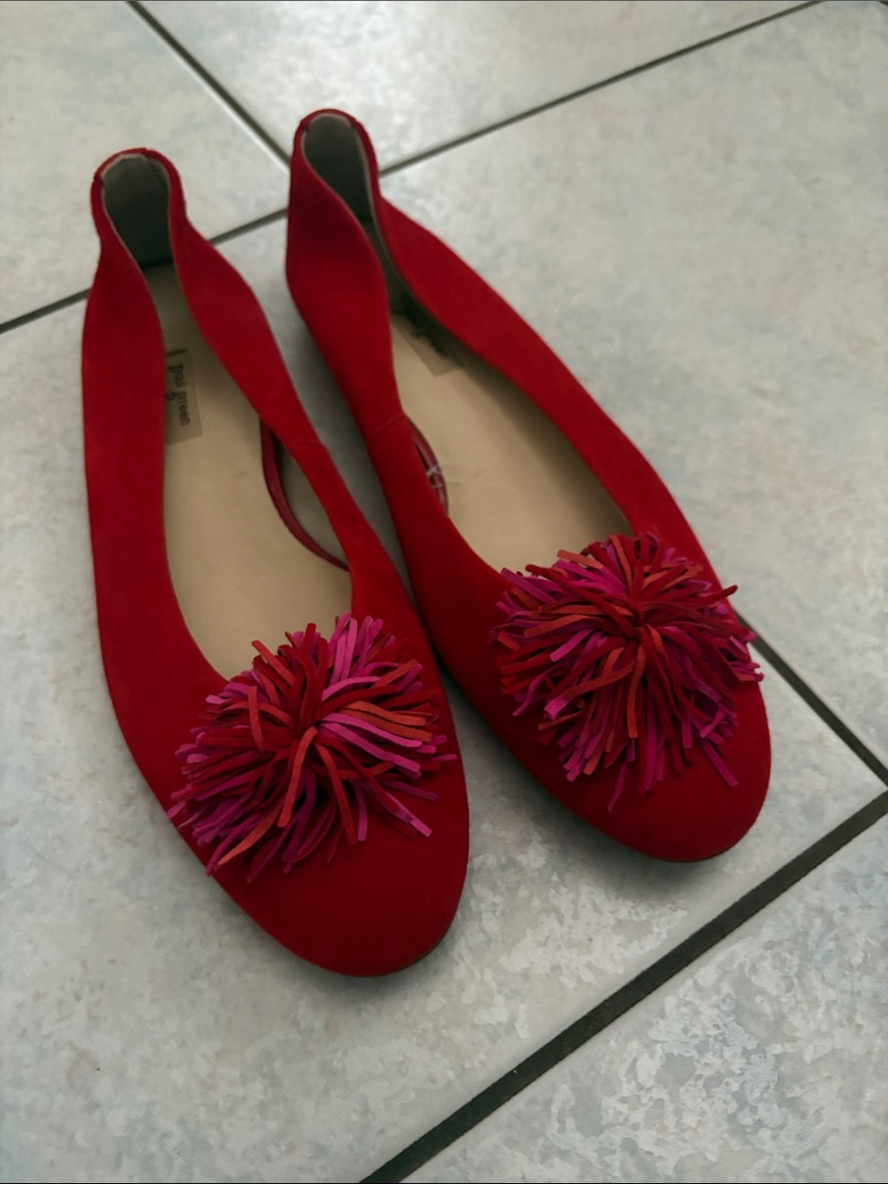 Paul Green Red Suede Ballet Flats with Pink-Red Pom Poms